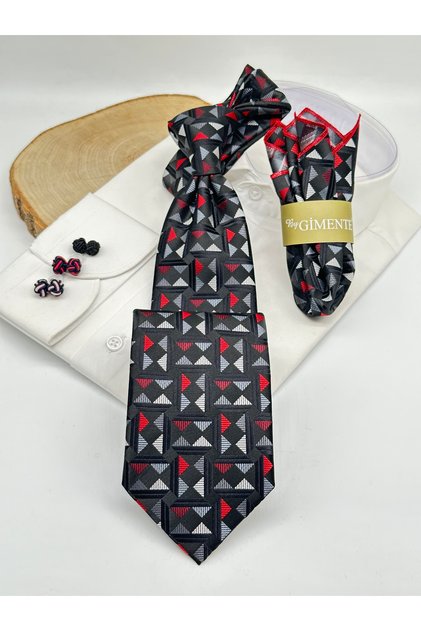 Black Geometric Patterned Classic Tie with Handkerchief