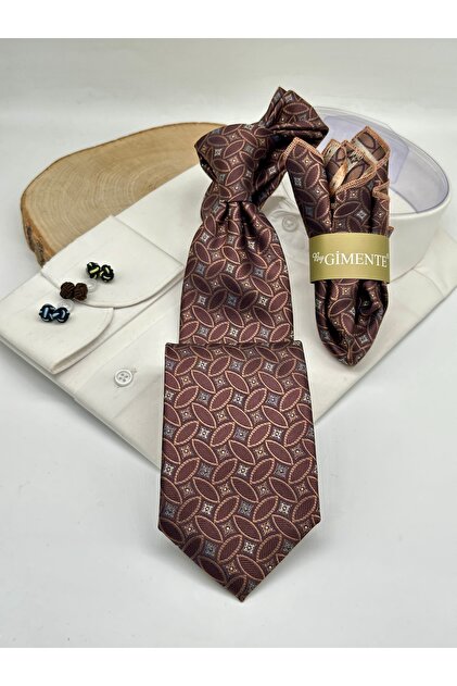 Classic Tie with Brown Patterned Handkerchief