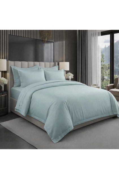 6 pcs Striped Duvet Cover Set Super king Size 240x260 Bedding Set – 1 Fitted Sheet, 1 Quilt Cover, 4 Pillowcases, Pastel Green