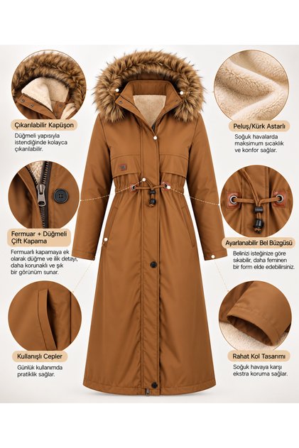 Women's Hooded Long Winter Coat with Fur Inside and Drawstring Waist |   Zippered Hijab Coat Parka
