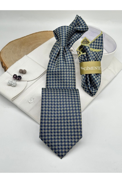 Classic Tie with Navy Blue Patterned Handkerchief