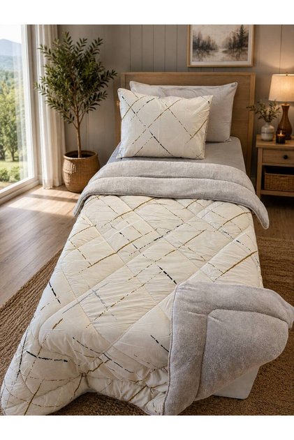 Single Double-Sided Plush Welsoft Pufidik Sleeping Set (Quilt + Fitted Sheet + 2 Pillowcases)