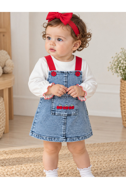 Elastic Strap Cherry Printed Lycra Denim Dress, Badi and Bandana 3-Piece Baby Girl Set