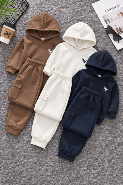 Unisex Kids 6-Piece Hooded Cargo Tracksuit Set 3 Colors 3 Yarns Rastered