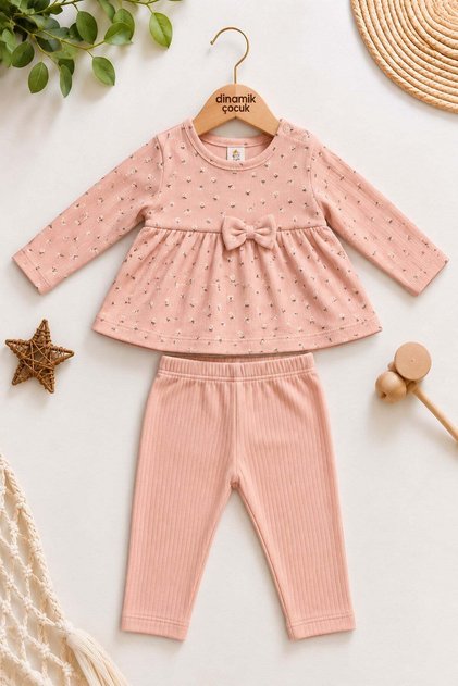 Girl baby bow flower patterned long sleeve ribbed top and bottom 2-piece set 3-6-9 months