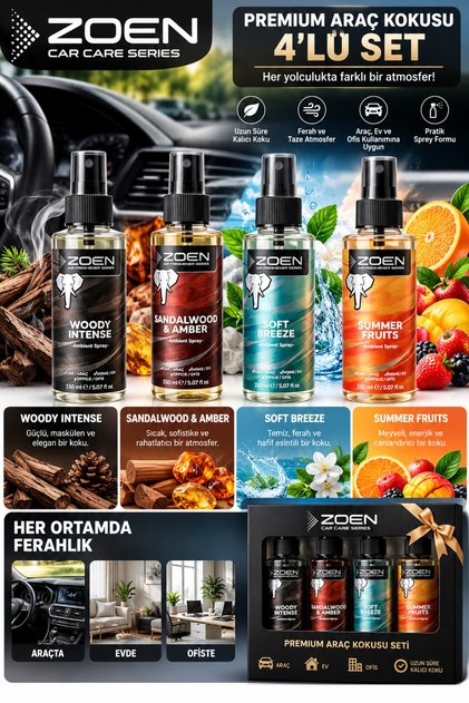 4'lü Araç Kokusu Seti 4 x 150 ml | Woody Intense, Sandalwood & Amber, Soft Breeze, Summer Fruits | Oto Koku Spreyi