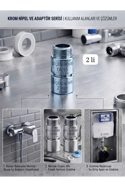 2 adet 1/2 x 2 cm Krom Uzatma Nipeli Banyo Batarya ve Evye Musluk Borusu Uzatıcı