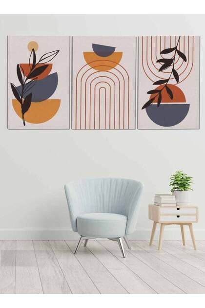 Set of 3 Framed Canvas Wall Art Boho Leaves Abstract Paintings, Wrap Frame (60x80 cm)