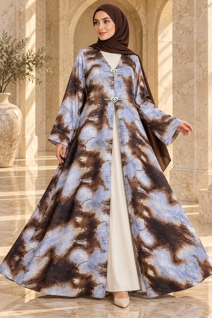 Brown & Pale Blue Marble Print Open Abaya with Heart Clasps and Brown Scarf