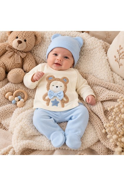 Set bebe din bumbac 3 piese cu bluzita ursulet, pantaloni cu botosei si caciulita bleu