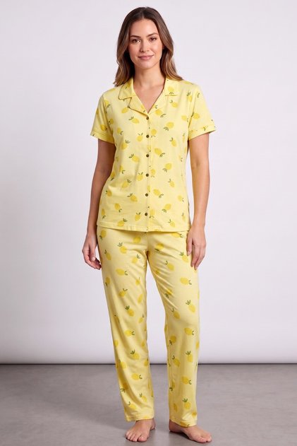 Women's Yellow Pineapple Patterned Short Sleeve Buttoned Pajama Set
