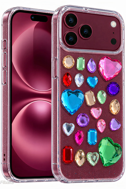 iPhone 17 Pro / 18 Pro Kılıf Bedazzling 3D Renkli Kristal Görünümlü Taşlı Kalpli Simli Şeffaf Telefon Kılıfı