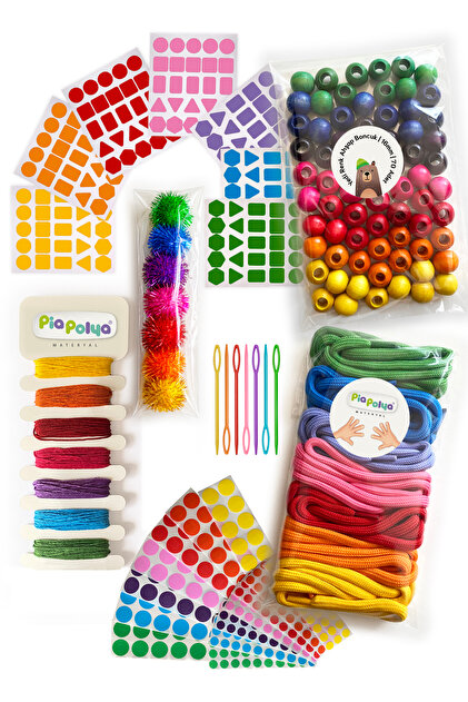 Büyük 7 Renk Paketi | Ahşap Boncuk | Bağcık | Plastik İğne | Etkinlik İpi | Etiket | PonPon