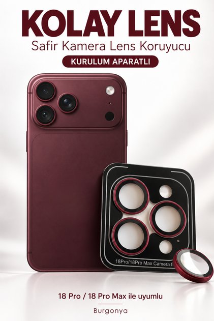 [Kolay Lens] iPhone 18 Pro Max / 18 Pro Uyumlu Burgonya Kolay Kurulum Aparatlı Kamera Lens Koruyucu