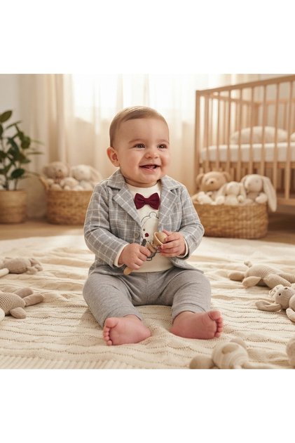 Costum elegant bebe baiat 3 piese din bumbac cu sacou in carouri si papion