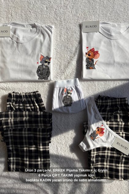 Men's Single White Black Plaid Kitten & Mouse Pajama and Underwear Set (Men's Version of Couple Pajamas)