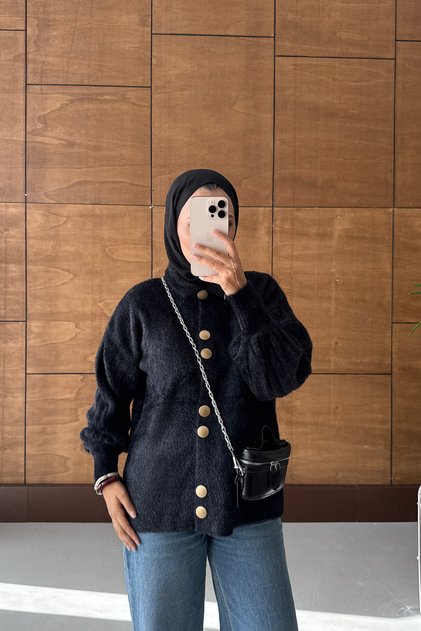 High Collar Balloon Sleeve Gold Button Soft Knitwear Women's Sweater