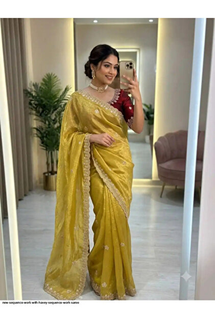 Yellow Crush Georgette Saree with Scalloped Embroidered Border - KTS101095 | Yellow