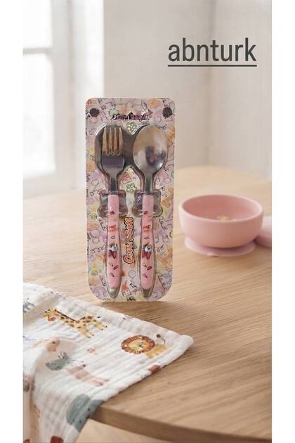 Çocuk Çatal Kaşık Seti Desenli Ve Eğlenceli Pembe Renk Bebek Beslenme Çatalı ve Kaşığı