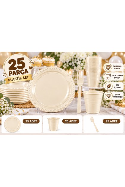 25’li Plastik Tabak Bardak Çatal Seti 75 Parça Doğum Günü Parti Sofra Seti
