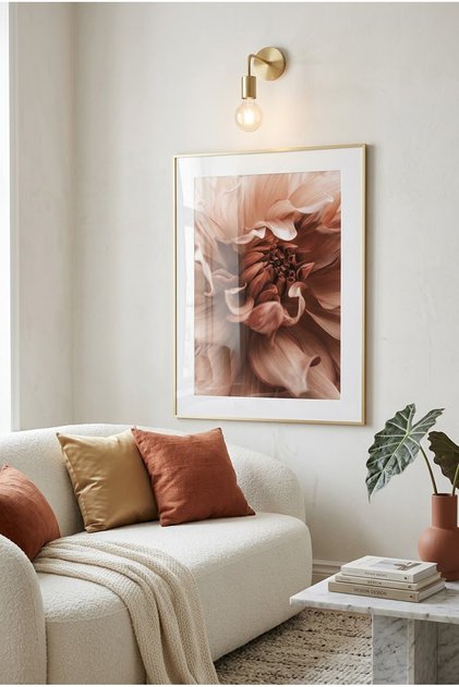Salon Duvar Tablosu Gold Metal Çerçeveli Gerçek Camlı Somon Pudra Şeftali Çiçekli Tekli Duvar Posteri