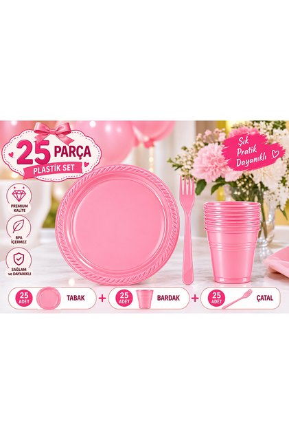 25’li Plastik Tabak Bardak Çatal Seti 75 Parça Doğum Günü Parti Sofra Seti