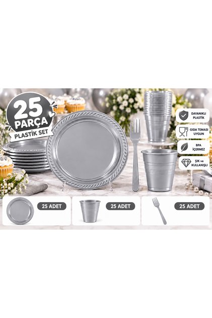 25’li Plastik Tabak Bardak Çatal Seti 75 Parça Doğum Günü Parti Sofra Seti