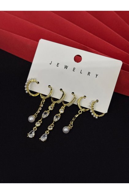 316L Steel Jewelry Gold Color Set of 6 Zircon Stone Earrings