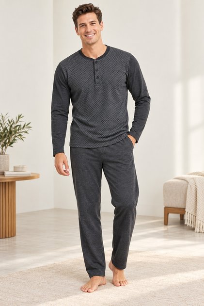 Men's Pajama Set, Jacquard, 100% Cotton, 30/1 Combed Single Jersey, Buttoned Collar, with Pockets, Anthracite