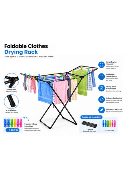 Foldable Clothes Drying Rack, Heavy-Duty Metal Gullwing Laundry Stand, Indoor & Outdoor, Silver (Includes 6 Clips)