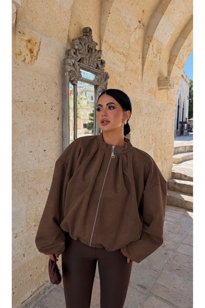 Women's Zippered High Collar Pleated Balloon Sleeve Premium Suede Fabric Crop Oversize Bomber Jacket