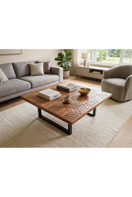 Ahşap Ceviz renk Geometrik Desenli Kare Orta Sehpa 90x90cm