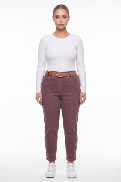 Women's Brown Winter High Waist Belted Pocket Accessory Detailed Denim Trousers