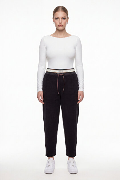 Women's Black Winter High-Waisted Slit-Cut Trousers with Stone Detail and Adjustable Waistband