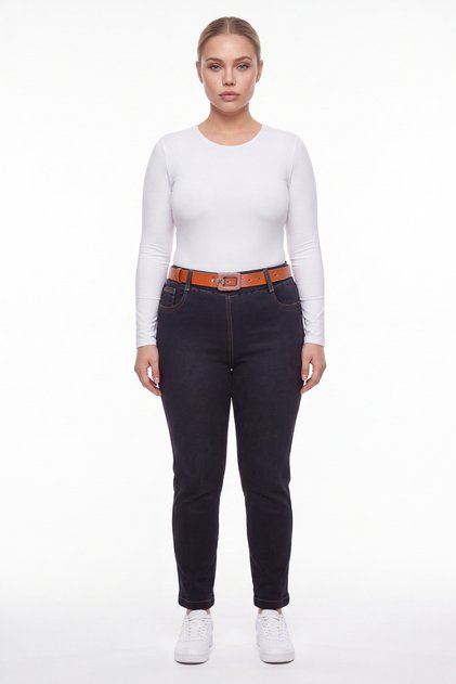 Women's Black Winter High Waist Belted Pocket Accessory Detailed Denim Trousers