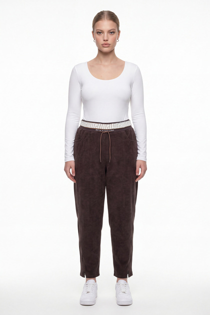 Women's Brown Winter High-Waisted Trousers with Slits and Stone Detail, Adjustable Waist, Ribbed Pants