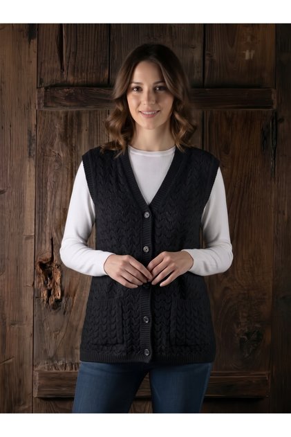 Mother's Vest Classic Patterned Knitted Wool Cotton Blend Vest with Pockets