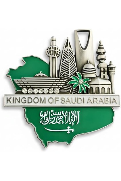 Premuim Silver Saudi Arabia Fridge Magnet – 3D Metal Souvenir & Arabic Calligraphy – Decorative Isla