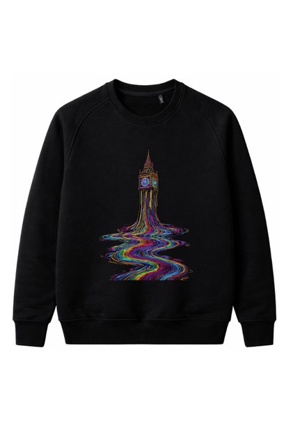 Embroidered Clock Tower Black Plain Sweatshirt Crew Neck Unisex Ribbed Sleeves and Hem Casual Sweatshirt