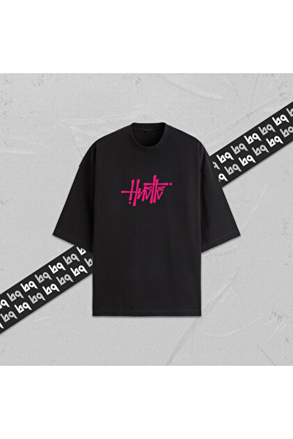 Hustle Unisex Printed Oversize T-Shirt 100% Cotton Women's Men's Crew Neck Black