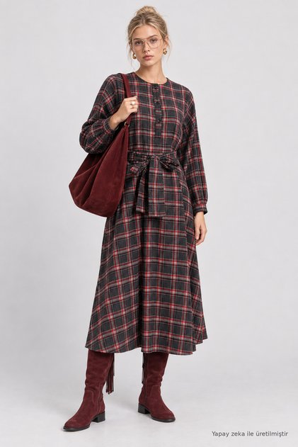 Belted Checkered Flared Woven Dress Lnt0018 Anthracite Burgundy