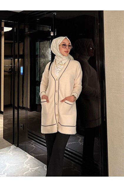 Kadın Şerit Detaylı Cepli Angora V Yaka Tesettür Triko Tunik Hırka