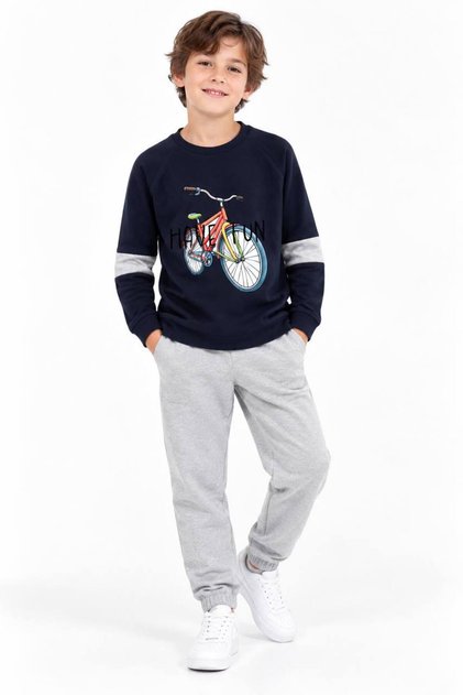 Erkek Çocuk Lacivert Bisiklet Baskılı %100 Pamuk Bisiklet Yaka Uzun Kollu Sweatshirt 2-9 Yaş