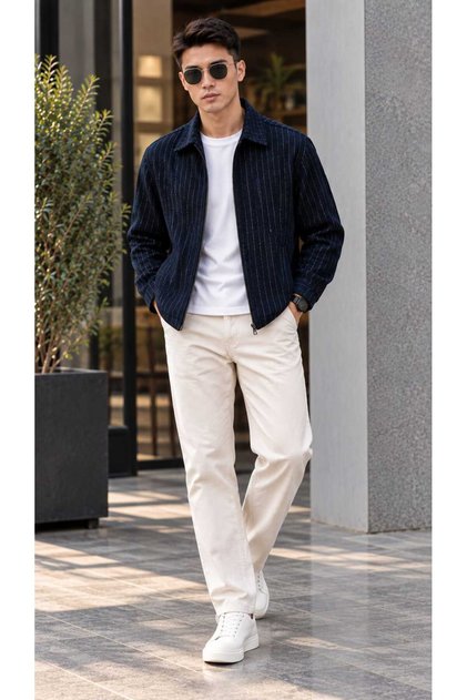 Seasonal, Zippered, with Side and Inner Pockets, Striped Checked Jacket
