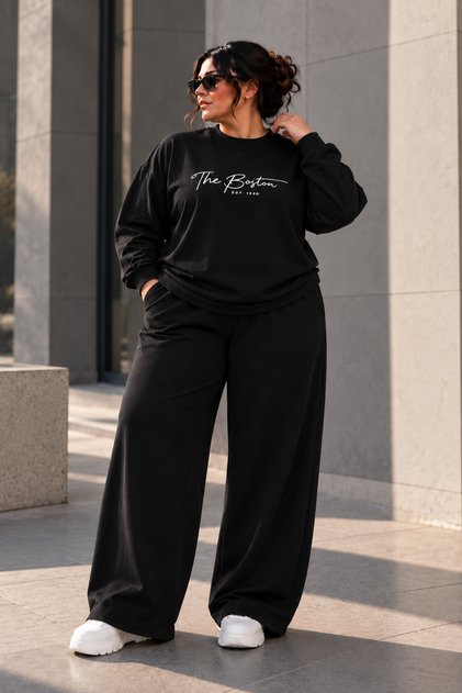 Women's Plus Size the Boston Printed Winter 2-Piece Tracksuit Set – Oversize Sweatshirt & Flared Pants Xl-7Xl