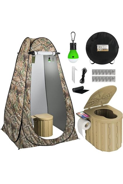 مرحاض متنقل مع خيمة، خيمة خصوصية قابلة للطي مع إضاءة LED، حمام للتخييم للبالغين في الهواء الطلق