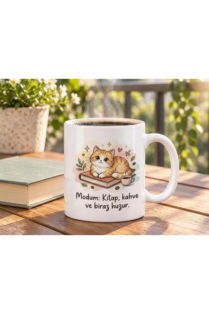 Kitap & Kahve Tema Baskılı Kedili Kupa