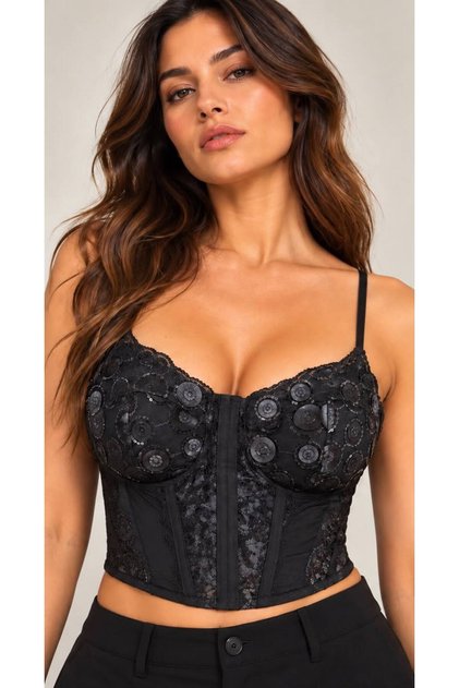 bettyshop Siyah Dantelli İşlemeli Büstiyer İnce Askılı Arka Fermuarlı