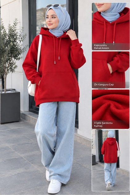 Kadın Kırmızı Kapüşonlu 3 İplik Şardonlu Oversize Sweatshirt - Ön Kanguru Cepli Rahat Kesim