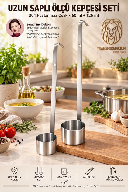 Uzun Saplı Yağ Şarap Sos Ölçü Kepçesi Seti İkili Kanca Askılı Likit Dozajlayıcı Maşrapa 18/10 Paslanmaz Çelik 723751